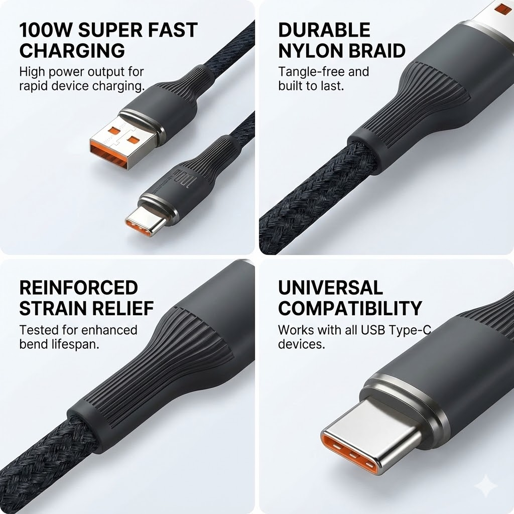 New PAFEL 100W Super Fast Charging Cable 6A Nylon Braided Type-C to C / USB-A Cord for iPhone 15 16 Huawei Samsung Tecno Laptop MacBook Data Cable - Black