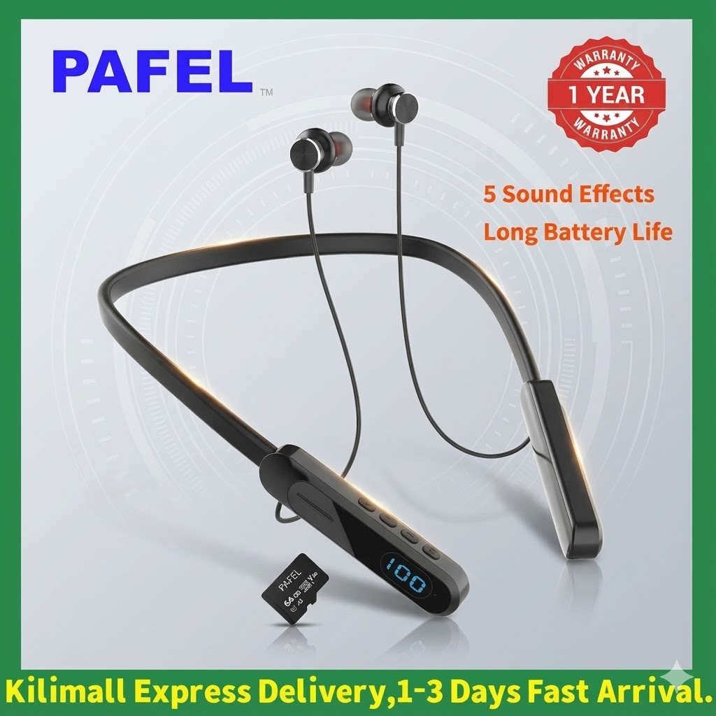 PAFEL S06 Wireless Neckband Bluetooth Earphones - LCD Power Display, TF Card Slot MP3 Player, 20H Long Playtime, 5 EQ Sound Modes Deep Bass Sports Headset Earpods with Mic, Type-C Fast Charging  Black