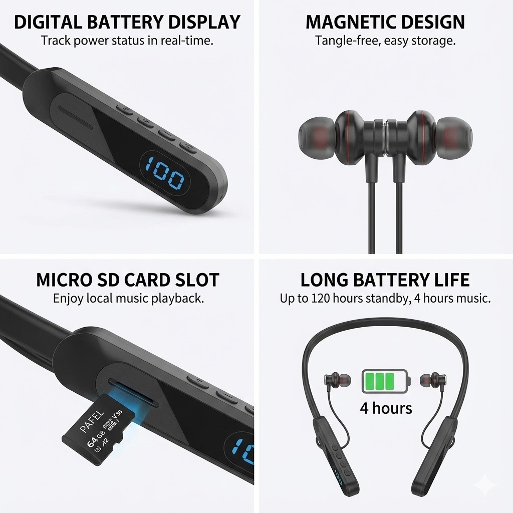 PAFEL S06 Wireless Neckband Bluetooth Earphones - LCD Power Display, TF Card Slot MP3 Player, 20H Long Playtime, 5 EQ Sound Modes Deep Bass Sports Headset Earpods with Mic, Type-C Fast Charging  Black