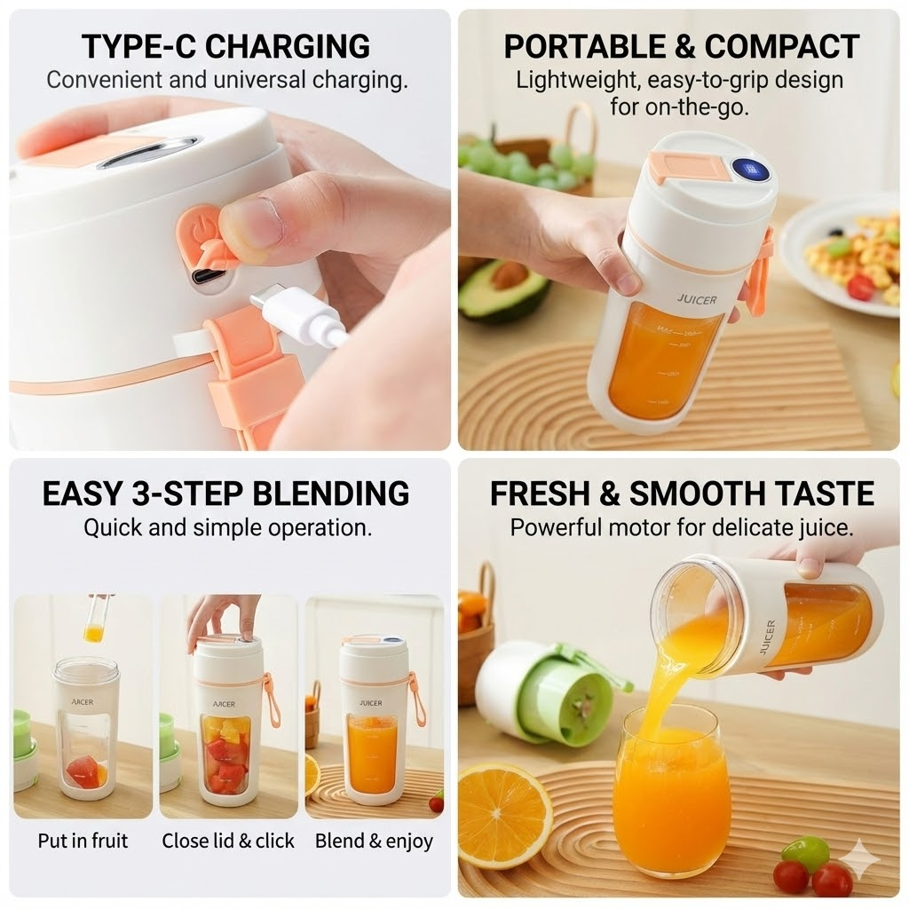 New Arrival PAFEL Portable Blender 10-Bladers Smoothie Maker Mini Juicers - USB Rechargeable Ice Crushing Personal Fruit Mixer Travel Cup 340ml for Gym Office Shakes - Pink / Green / Orange
