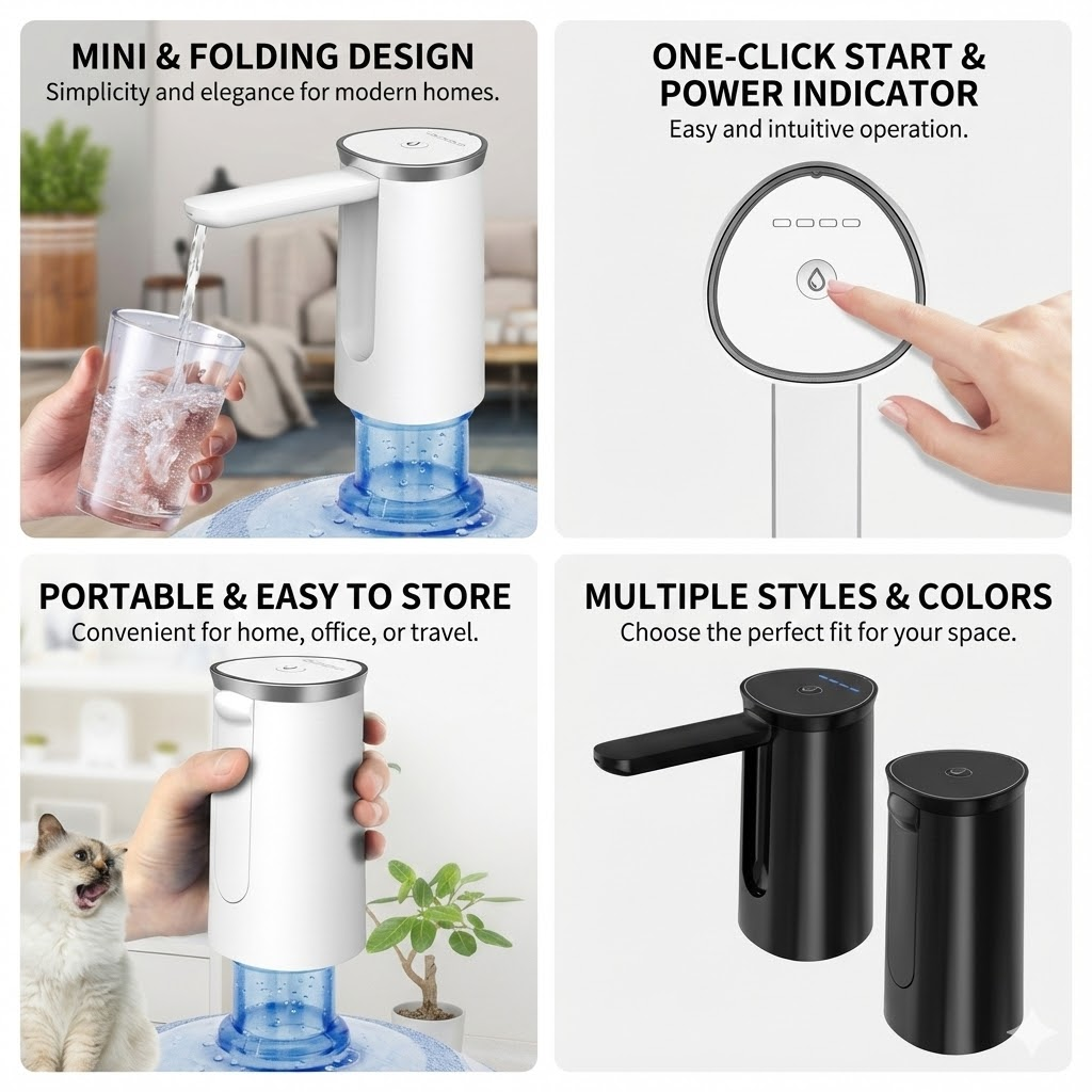 New Arrival PAFEL Foldable Electric Water Bottle Pump - Type-C Rechargeable Automatic Dispenser Portable 5 Gallon Water Jug Pump Universal Fit 5L-18.9L Bottles - Black