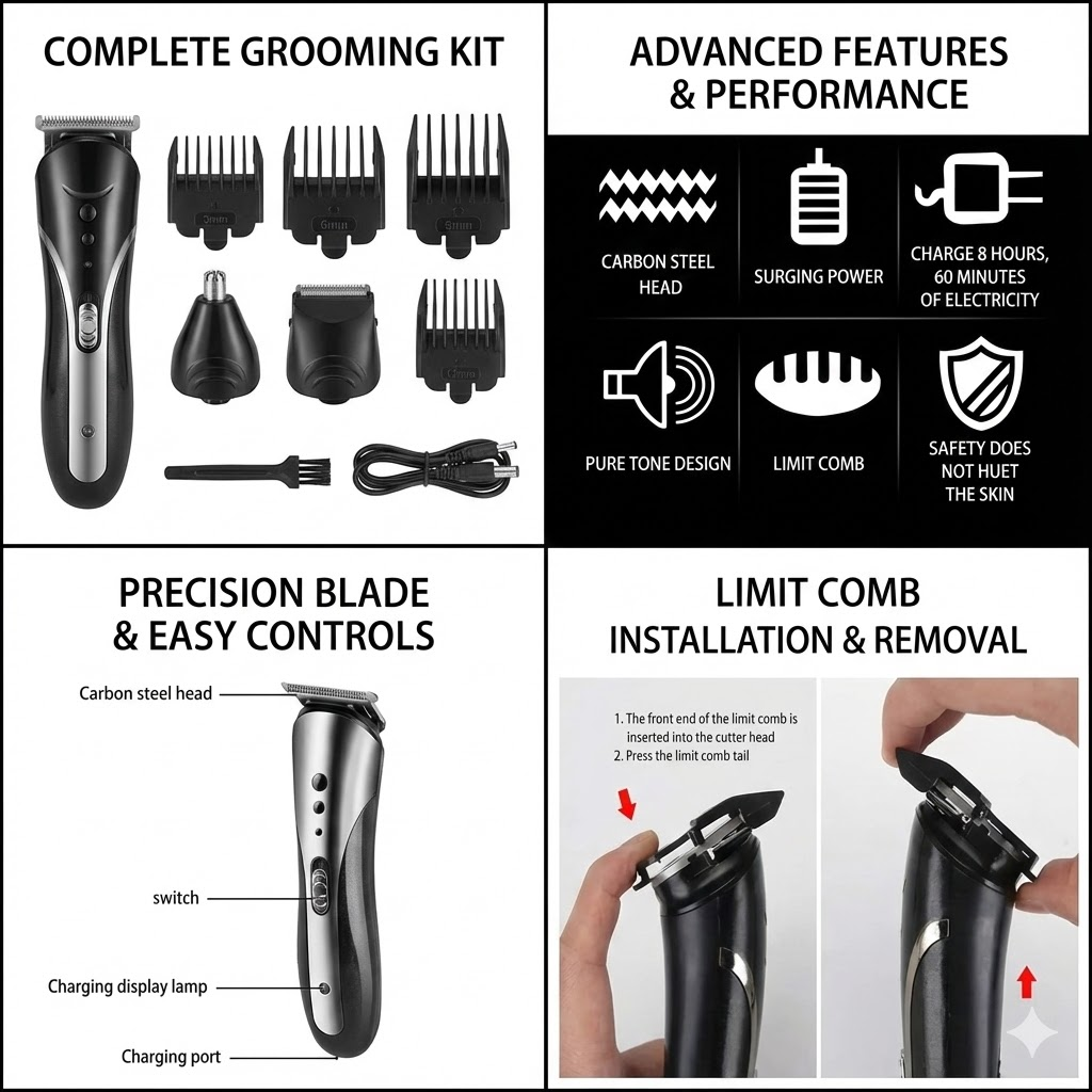New Arrival PAFEL 3-in-1 Rechargeable Hair Clipper Wireless Beard Trimmer Nose Hair Cutter Electric Shaver Set Men's Grooming Kit Barber Machine with 4 Combs - Black