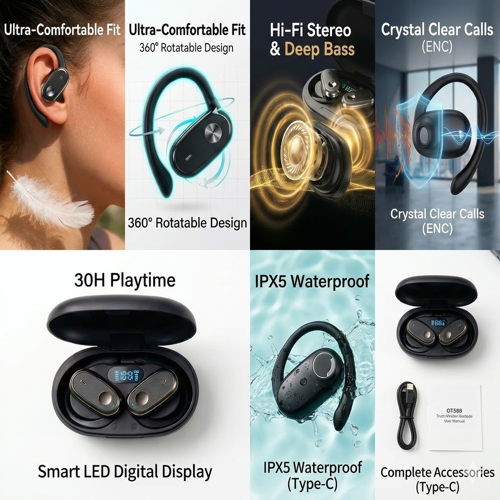 New Arrival PAFEL Open Ear Bluetooth Earphones - 30H Long Playtime & LED Power Display | 360° Rotatable Earbuds | Deep Bass Sport Headphones | ENC Noise Reduction Mic | IPX5 Waterproof Headset  Black