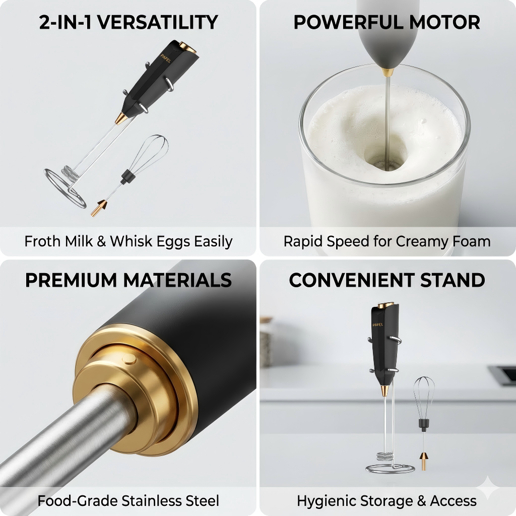 New Arrival PAFEL 2-in-1 Cordless Electric Handheld Blender & Milk Frother Set - Battery Operated Whisk for Coffee, Eggs, Baking - High Speed Mixer with Metal Stand (Black & Gold)