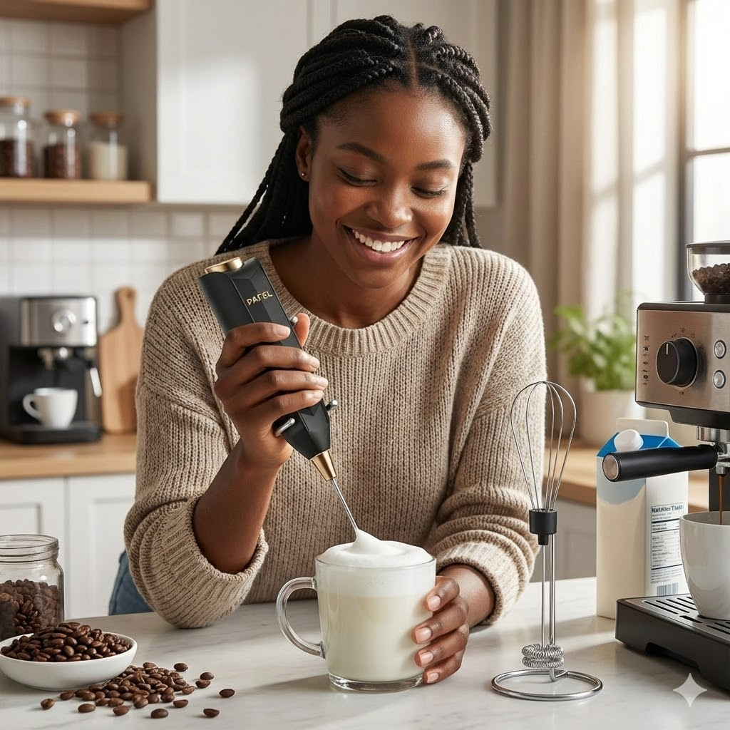 New Arrival PAFEL 2-in-1 Cordless Electric Handheld Blender & Milk Frother Set - Battery Operated Whisk for Coffee, Eggs, Baking - High Speed Mixer with Metal Stand (Black & Gold)