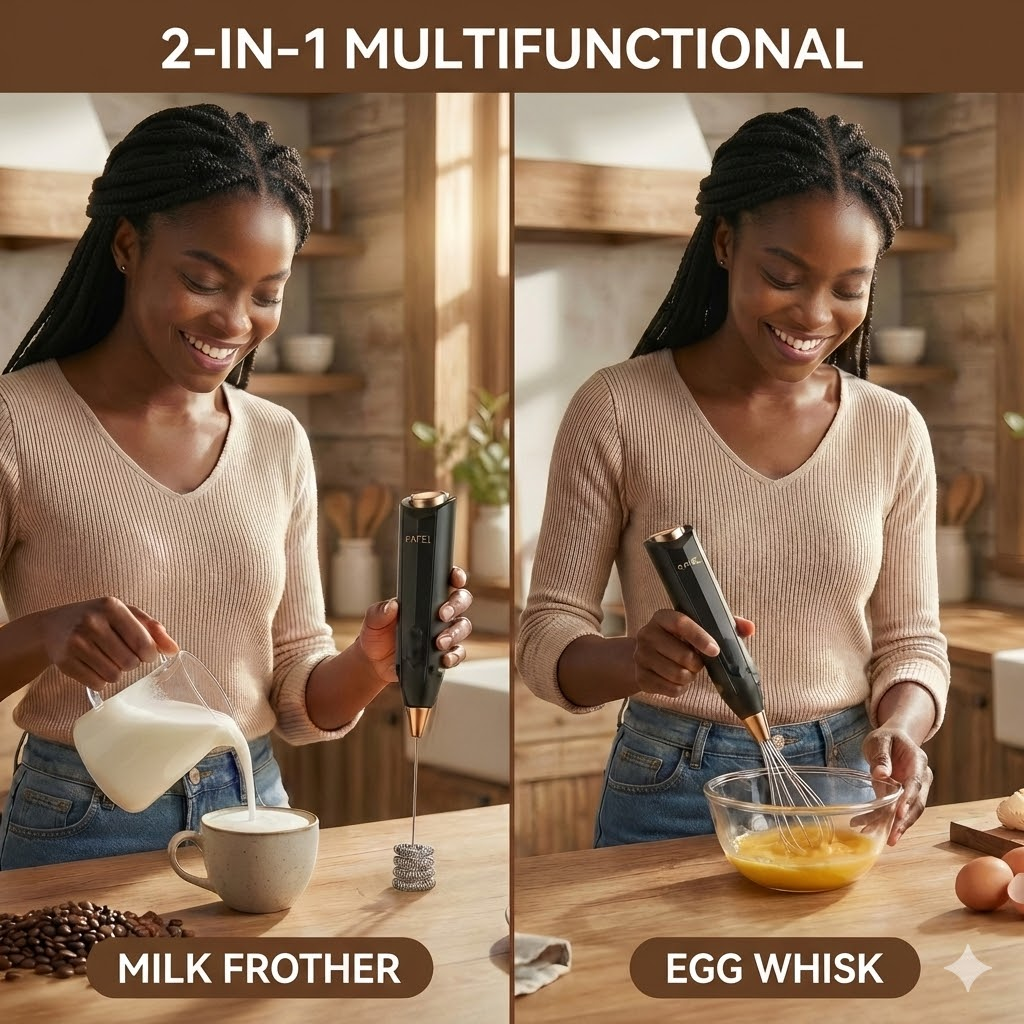 New Arrival PAFEL 2-in-1 Cordless Electric Handheld Blender & Milk Frother Set - Battery Operated Whisk for Coffee, Eggs, Baking - High Speed Mixer with Metal Stand (Black & Gold)