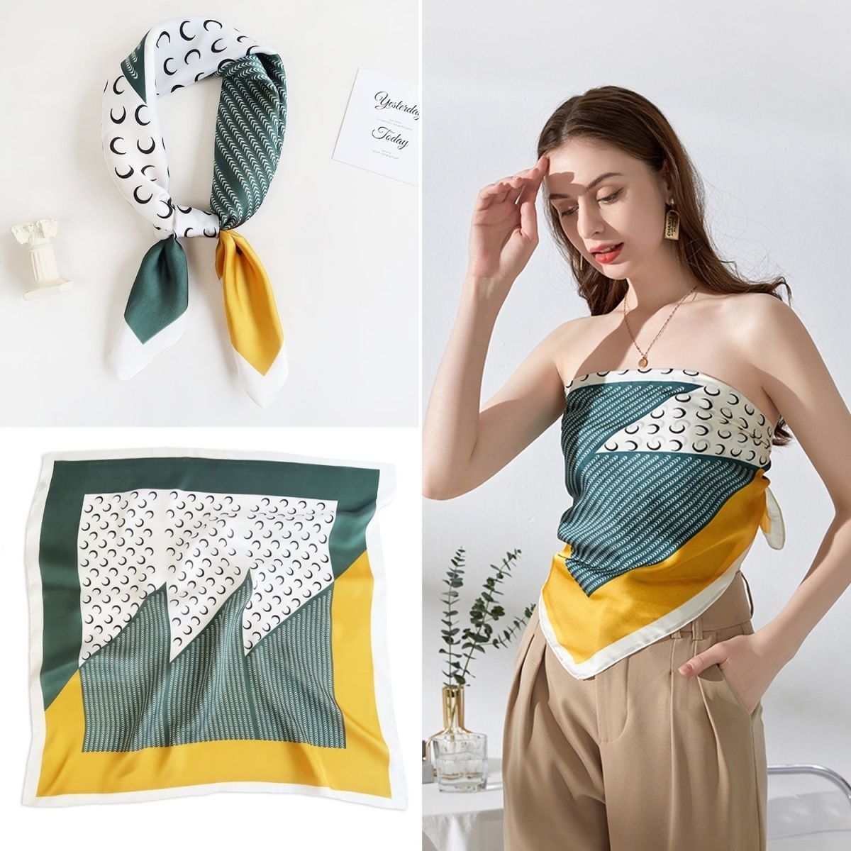 Korean Style 90cm Silk Square Scarf for Women – a versatile spring and autumn accessory worn as a neck scarf, hairband, or stylish hair tie to instantly elevate everyday fashion looks Style up!