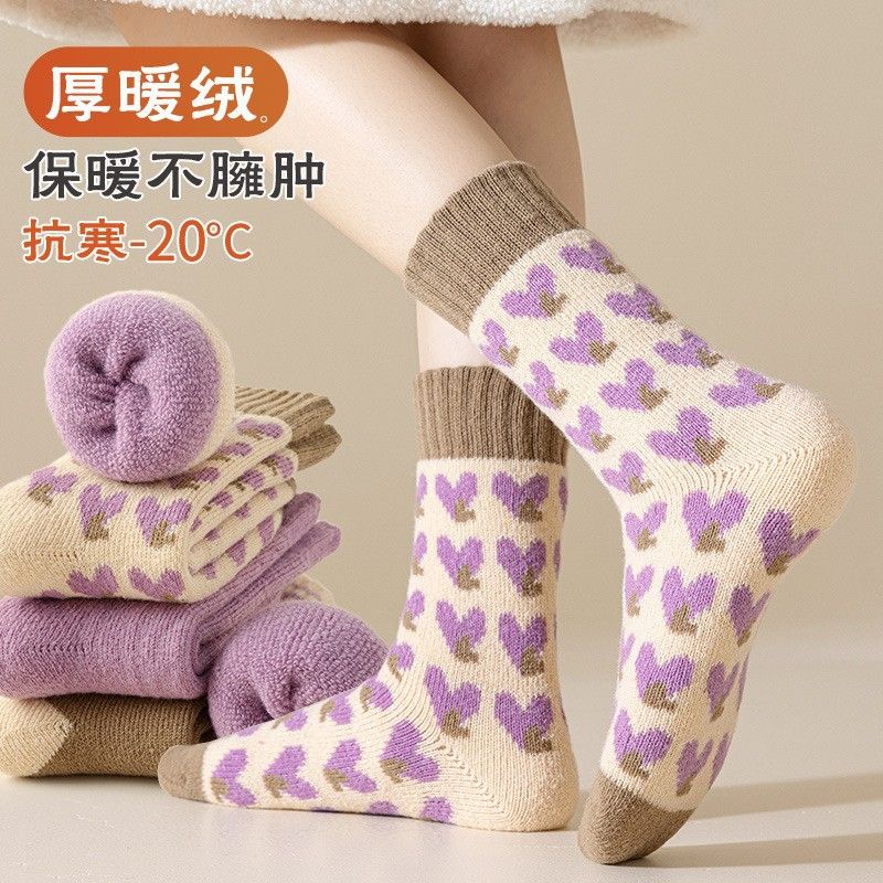 Purple Heart-Pattern Mid-Calf Socks – Thick Knit, Soft Comfort Trendy / Youth Style