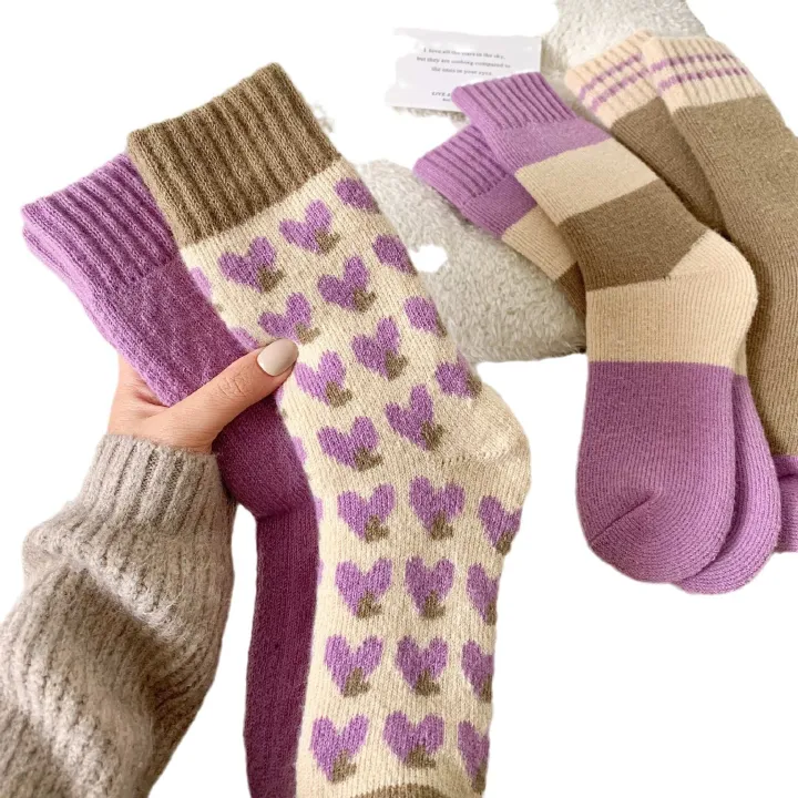 Purple Heart-Pattern Mid-Calf Socks – Thick Knit, Soft Comfort Trendy / Youth Style
