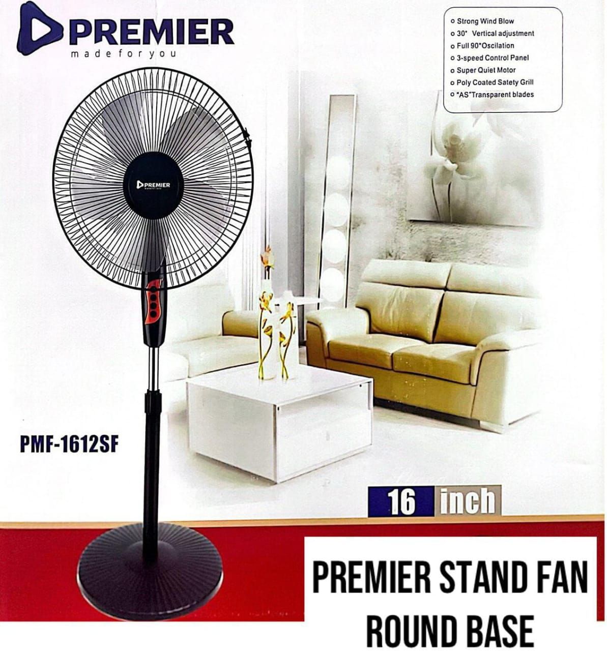 Premier Standing Fan. Premier 16 Inch Standing Fan PMF 1610 Heavy duty single pieces with round base 5 Blades 3 Speed Powerful motor Fan Electric Floor Fan Cooling Fan