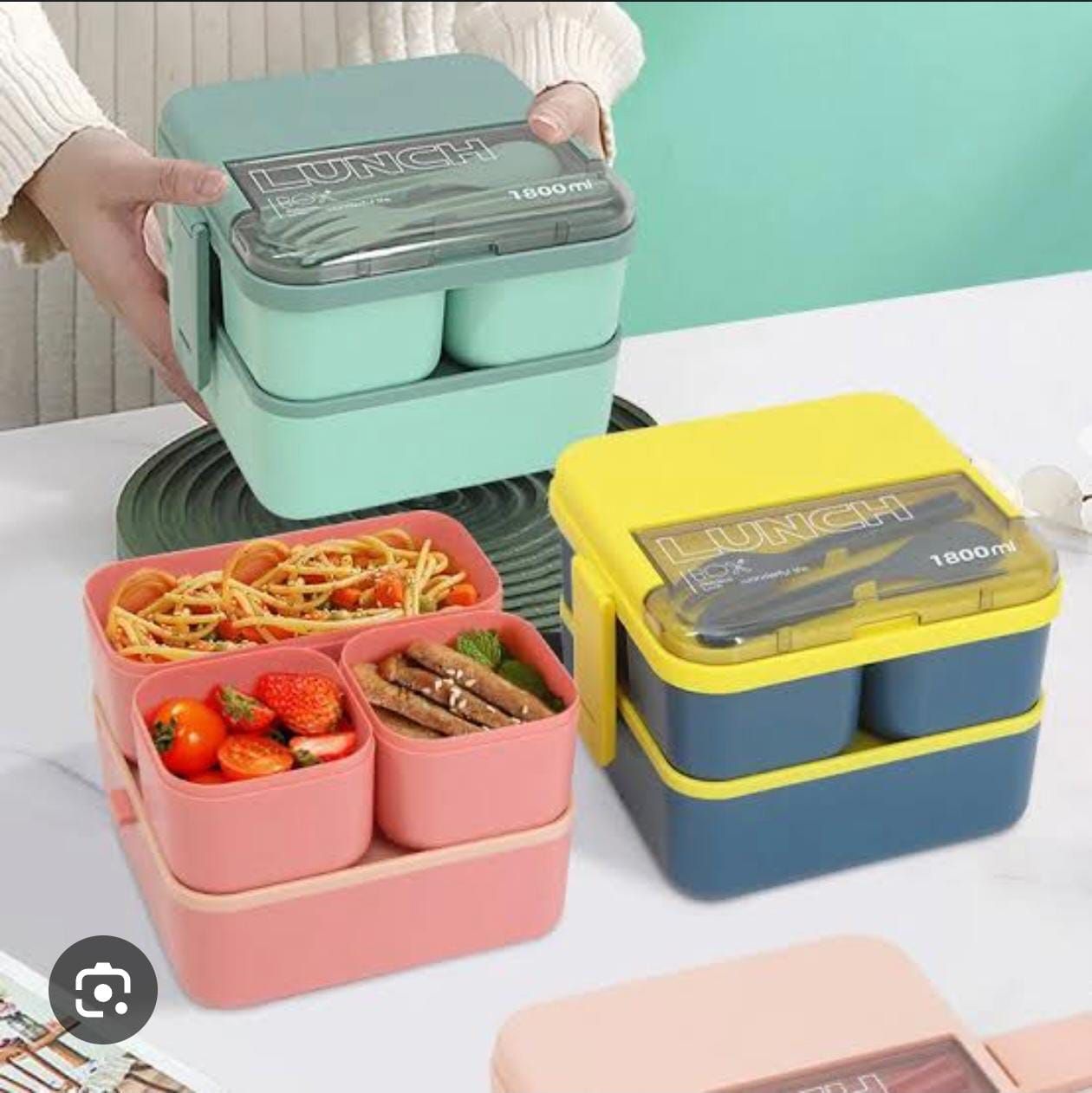1800ML 2 layer Compartment Lunch Box  With Fork and Spoon. Heavy Plastic Portable Kitchen Lunch/Snack Box with free Spoon and Fork, it has two compartments that you can use to carry soups and fruits