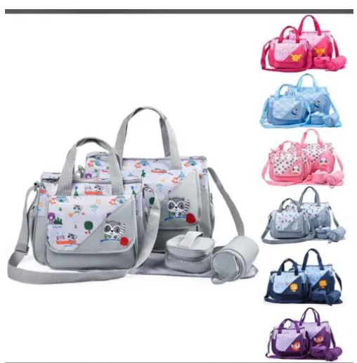 5 In 1 Baby Diaper Bag Nappy Changing Pad Travel Mummy Bag (ASSORTED PRINTS AND DECORATION) Includes Big baby bag ,Small diaper bag, Bottle pocket ,Food bag and Mackintosh