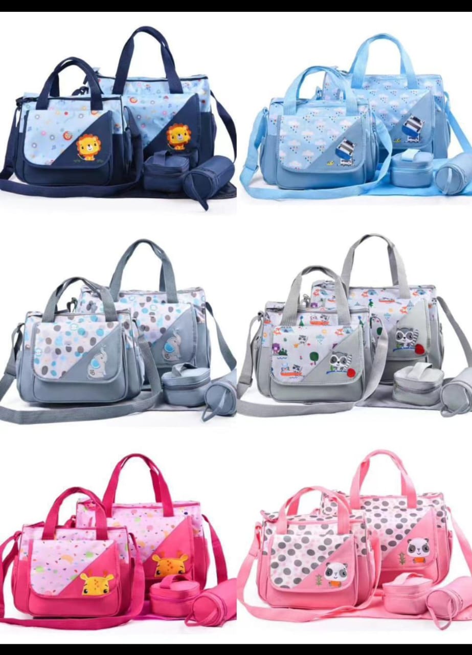 5 In 1 Baby Diaper Bag Nappy Changing Pad Travel Mummy Bag (ASSORTED PRINTS AND DECORATION) Includes Big baby bag ,Small diaper bag, Bottle pocket ,Food bag and Mackintosh