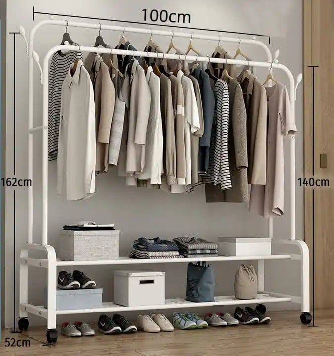 Multipurpose Double rod Hanger. Double Garment Rack Heavy Duty Metal Cloth Rail with 2 Bottom Shelf Coat Jacket Hanging Hanger Shoe Stand for Home, Hotel, Shop Wardrobe Space Organizer