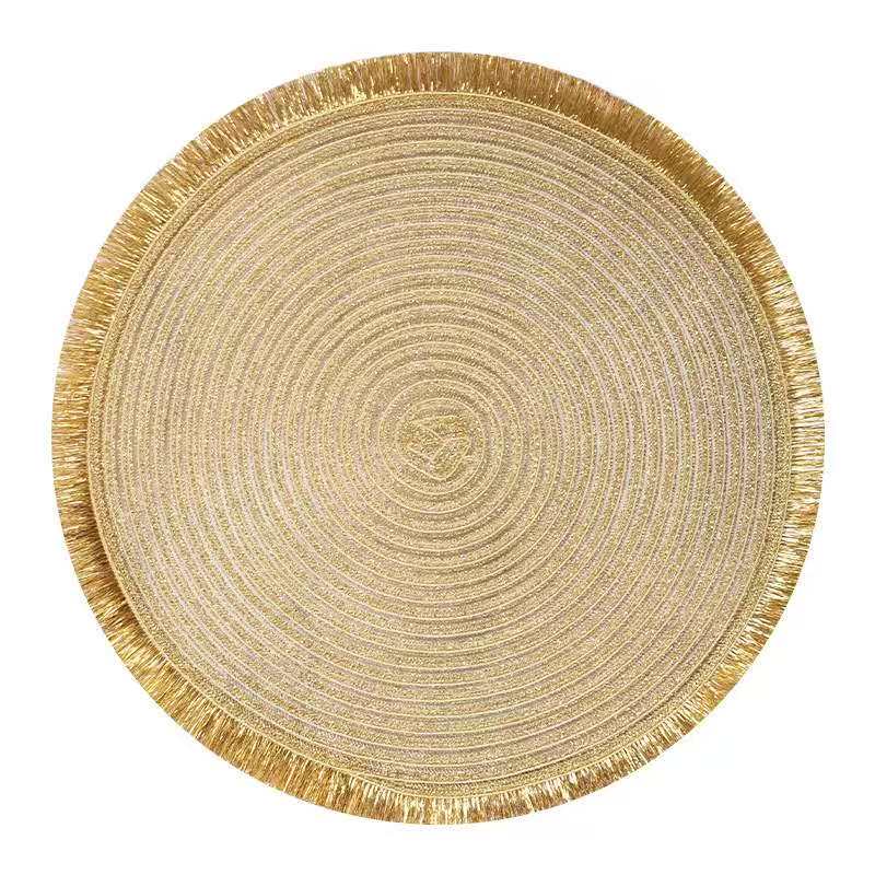 High Quality Round Shimmery Gold Placemats – 38cm Spiral Weave with Fringe Border, Stylish Durable Tablemats for Dining, Centerpieces, Charger Plates, Party Decor (Set of 6)