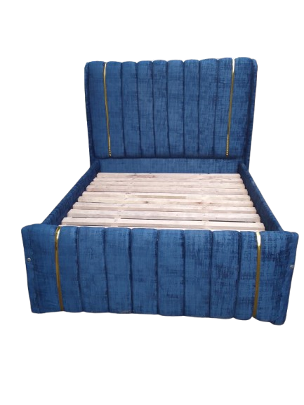 (OFFER!!!) Modern Upholstered Bed Frame – Deep Blue Velvet with Vertical Panel Design & Golden Accent Straps  (Without mattress) 4*6ft, 5*6ft & 6*6ft