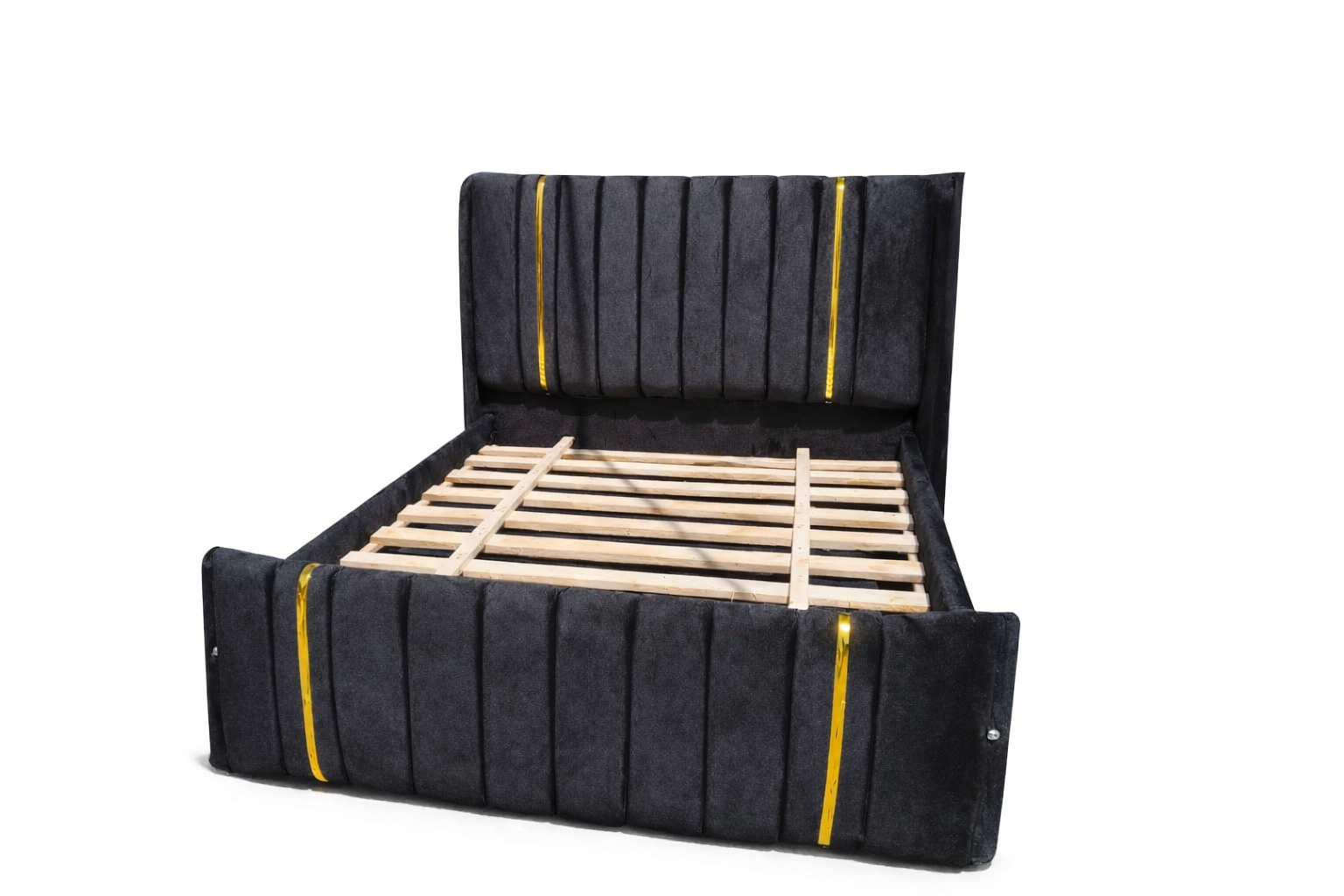 (OFFER!!!) LUXURY VELVET UPHOLSTERED BED FRAME WITH GOLD ACCENTS (without mattress), BLACK, 5*6 ft