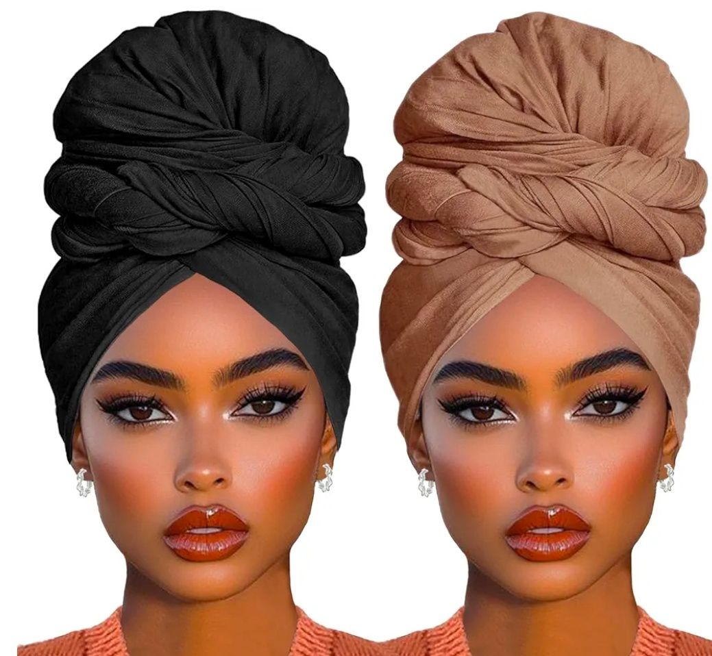 2 Piece Solid Color Stretch Jersey Head Wrap Long Scarf Long African Hair Wraps Stretch Hijab Extra Fashion Head Scarf Soft Head Wraps for Women