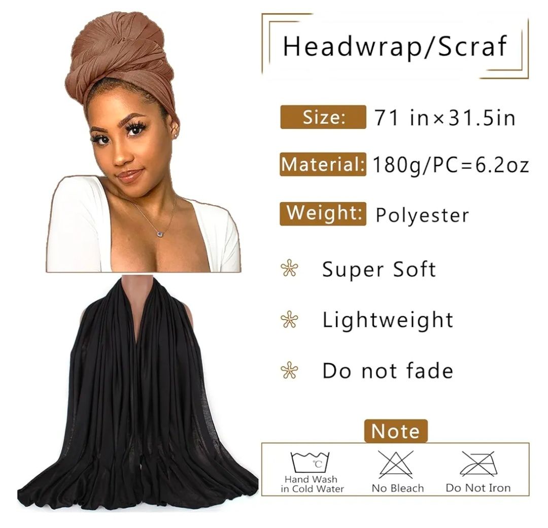 2 Piece Solid Color Stretch Jersey Head Wrap Long Scarf Long African Hair Wraps Stretch Hijab Extra Fashion Head Scarf Soft Head Wraps for Women