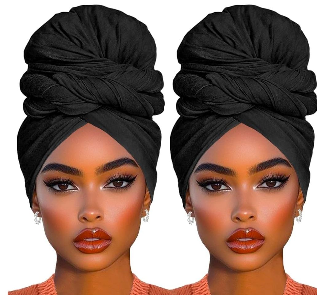 2 Piece Solid Color Stretch Jersey Head Wrap Long Scarf Long African Hair Wraps Stretch Hijab Extra Fashion Head Scarf Soft Head Wraps for Women
