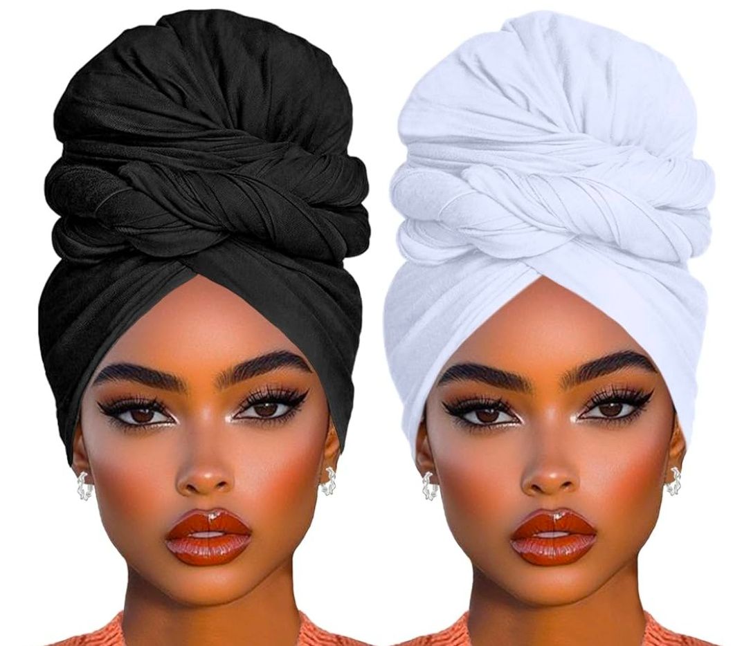2 Piece Solid Color Stretch Jersey Head Wrap Long Scarf Long African Hair Wraps Stretch Hijab Extra Fashion Head Scarf Soft Head Wraps for Women