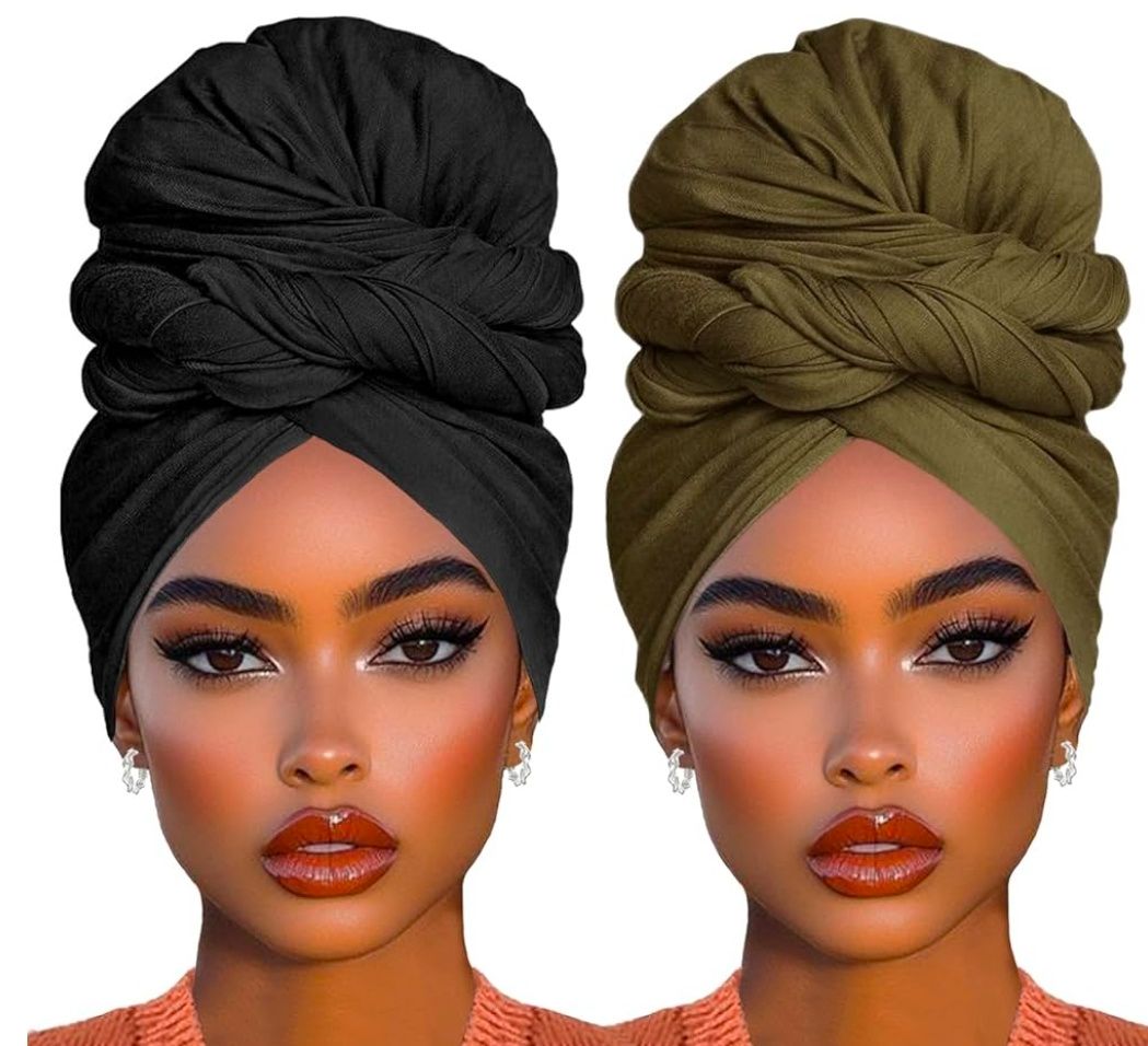 2 Piece Solid Color Stretch Jersey Head Wrap Long Scarf Long African Hair Wraps Stretch Hijab Extra Fashion Head Scarf Soft Head Wraps for Women