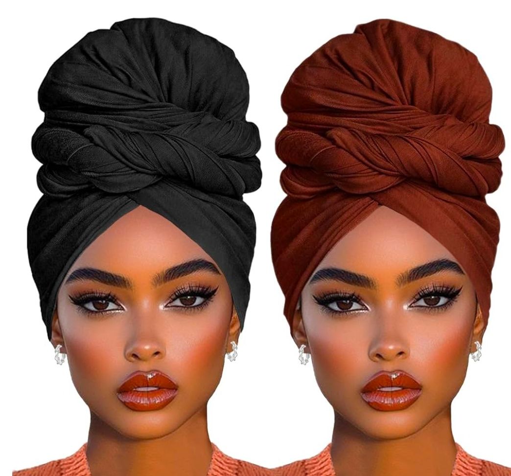2 Piece Solid Color Stretch Jersey Head Wrap Long Scarf Long African Hair Wraps Stretch Hijab Extra Fashion Head Scarf Soft Head Wraps for Women