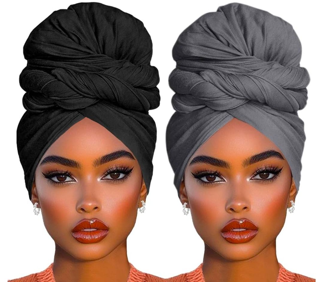 2 Piece Solid Color Stretch Jersey Head Wrap Long Scarf Long African Hair Wraps Stretch Hijab Extra Fashion Head Scarf Soft Head Wraps for Women