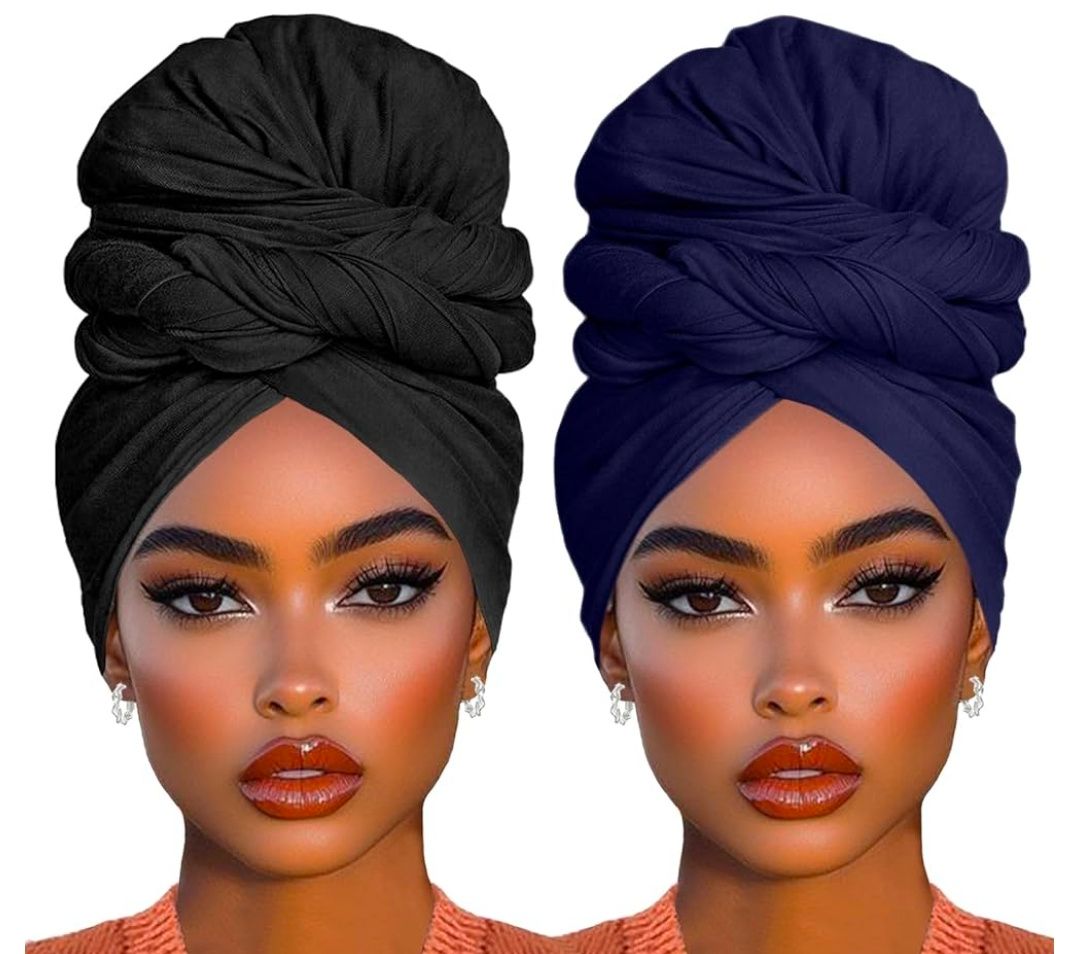 2 Piece Solid Color Stretch Jersey Head Wrap Long Scarf Long African Hair Wraps Stretch Hijab Extra Fashion Head Scarf Soft Head Wraps for Women