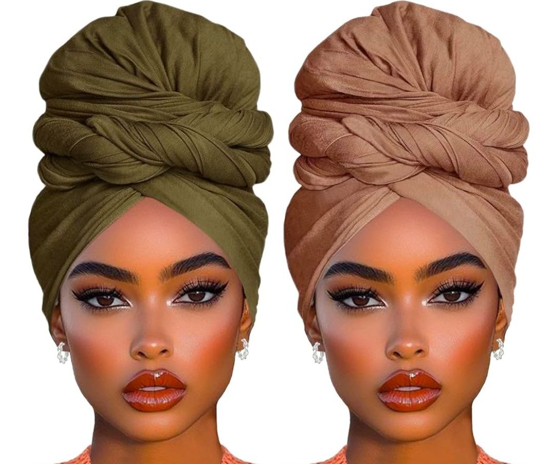 2 Piece Solid Color Stretch Jersey Head Wrap Long Scarf Long African Hair Wraps Stretch Hijab Extra Fashion Head Scarf Soft Head Wraps for Women