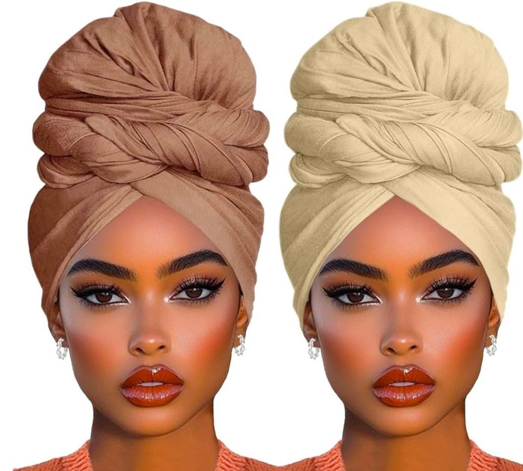 2 Piece Solid Color Stretch Jersey Head Wrap Long Scarf Long African Hair Wraps Stretch Hijab Extra Fashion Head Scarf Soft Head Wraps for Women