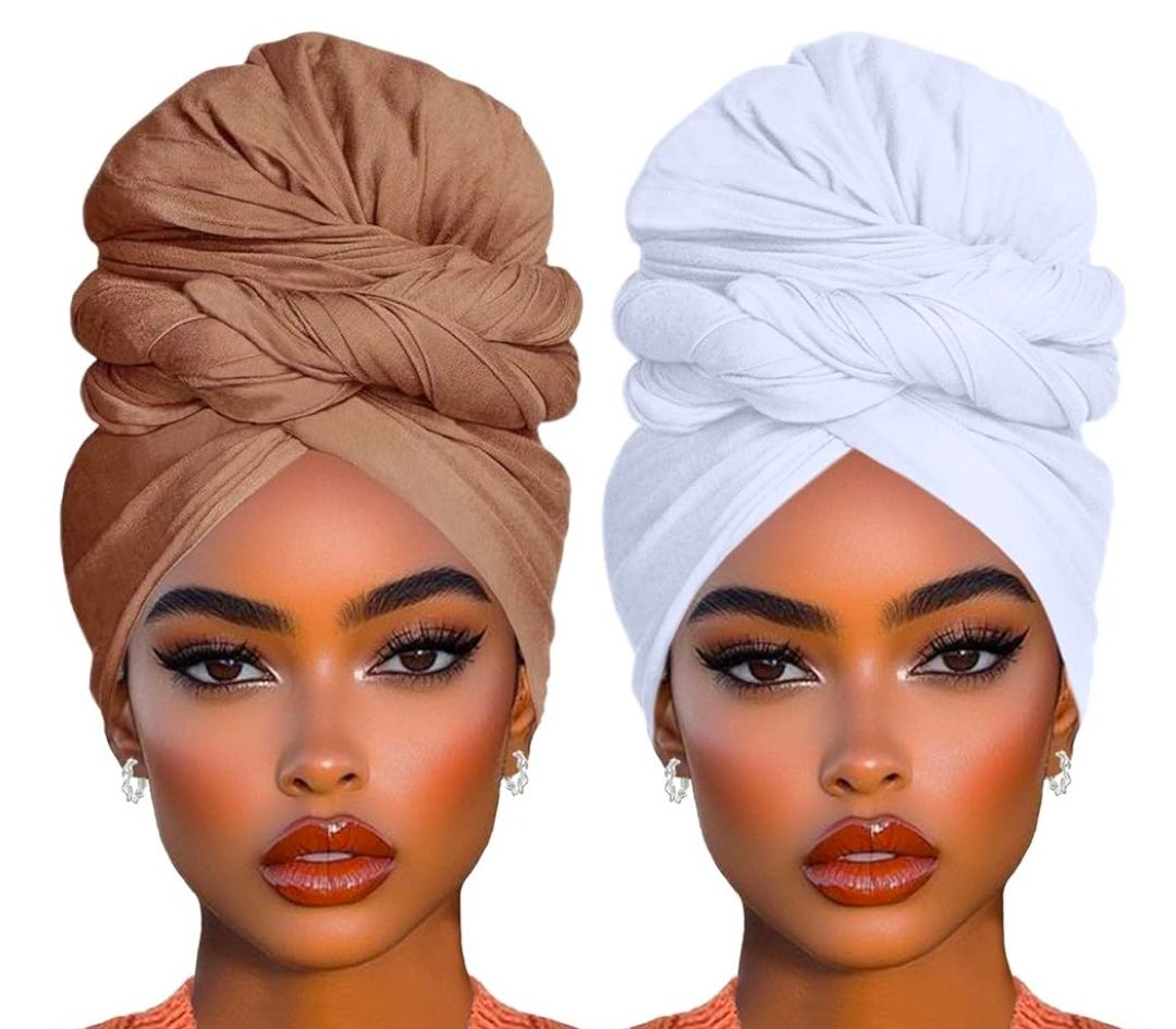 2 Piece Solid Color Stretch Jersey Head Wrap Long Scarf Long African Hair Wraps Stretch Hijab Extra Fashion Head Scarf Soft Head Wraps for Women