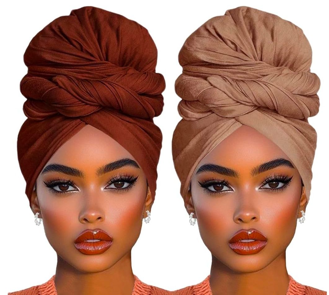 2 Piece Solid Color Stretch Jersey Head Wrap Long Scarf Long African Hair Wraps Stretch Hijab Extra Fashion Head Scarf Soft Head Wraps for Women