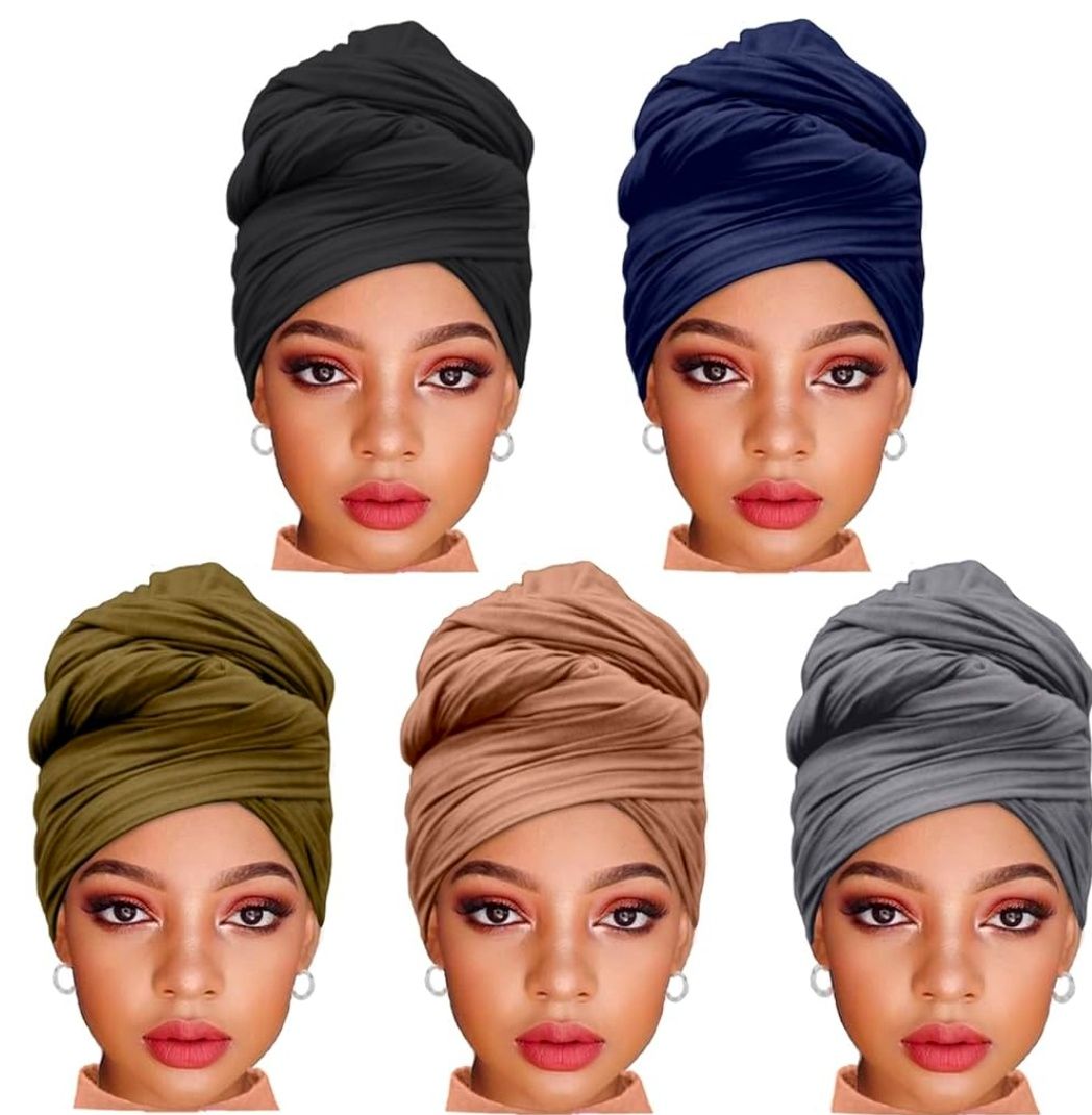 5 Pieces Stretch Jersey Turban Fashion Headband Soft Breathable Long Lightweight and Comfortable Tie Head Wraps for Black Women