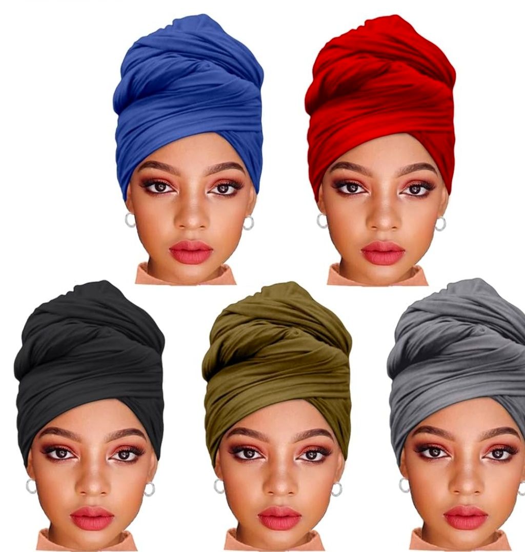5 Pieces Stretch Jersey Turban Fashion Headband Soft Breathable Long Lightweight and Comfortable Tie Head Wraps for Black Women