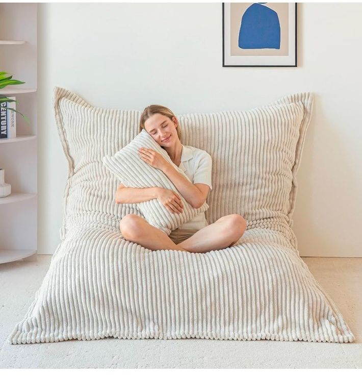 Giant Bean Bag Chair with Pillow, 3 in 1 Convertible Bean Bag Chair for Adults with Removable Cover, Floor Cushion Stuffed Floor Lounger for Living Room Bedroom