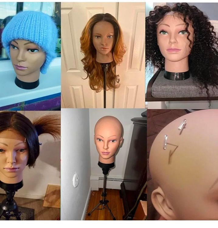 Bald Mannequin Head Female Professional Cosmetology Training Mannequin Bald for Wig Making and Display Afro American Mannequin Head with Free Clamp Stand (beige)