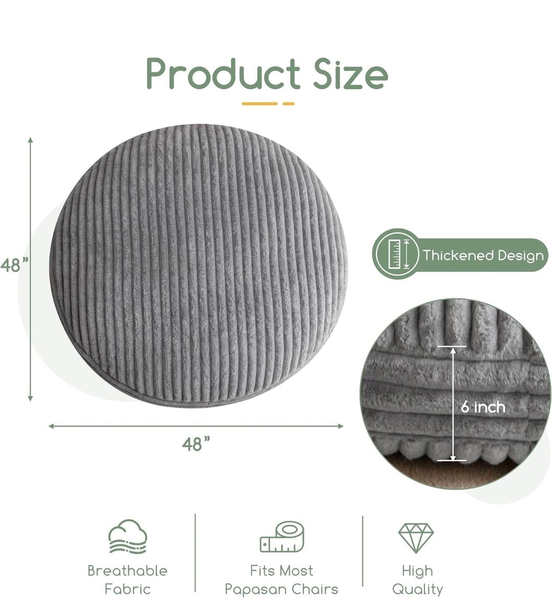 Papasan Chair Cushion with Thick Corduroy Cover (Without Chair), Supportive Cushion, 48 x 48 Inch