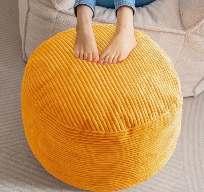 Round Stuffed Pouf Ottoman, Corduroy Poufs with Foam Chunk Filling, Furry and Fluffy Pouf Foot Stool Storage Ottoman, 20 X 15 Floor Poufs Foot Rest for Living Room