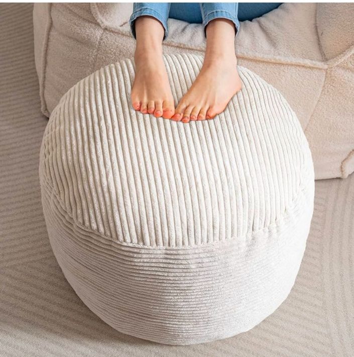 Round Stuffed Pouf Ottoman, Corduroy Poufs with Foam Chunk Filling, Furry and Fluffy Pouf Foot Stool Storage Ottoman, 20 X 15 Floor Poufs Foot Rest for Living Room