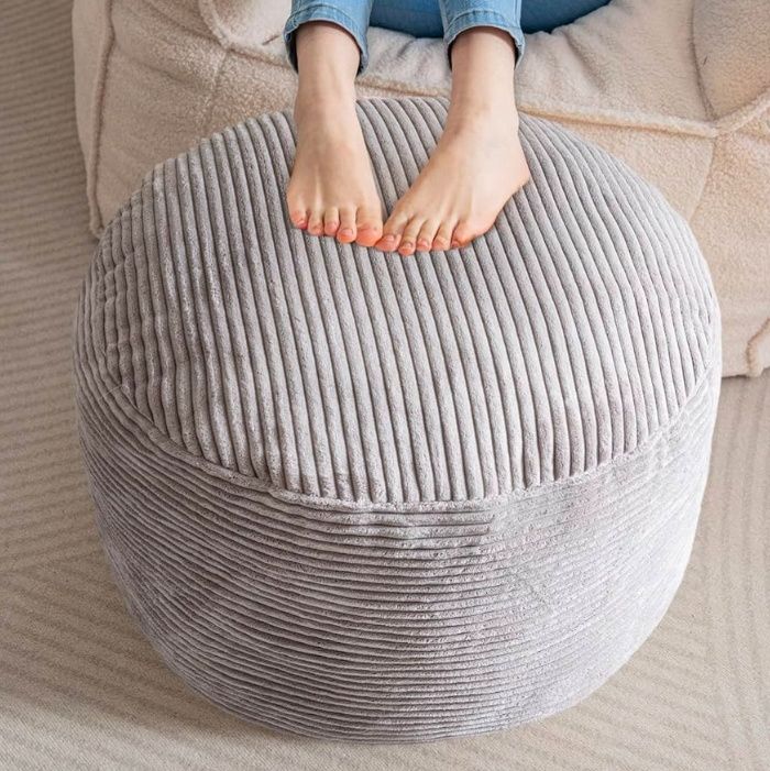 Round Stuffed Pouf Ottoman, Corduroy Poufs with Foam Chunk Filling, Furry and Fluffy Pouf Foot Stool Storage Ottoman, 20 X 15 Floor Poufs Foot Rest for Living Room