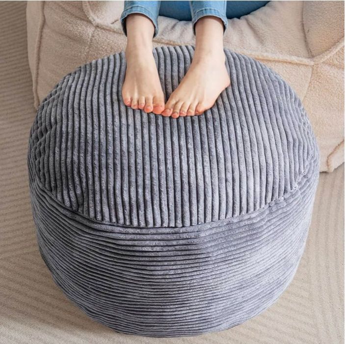Round Stuffed Pouf Ottoman, Corduroy Poufs with Foam Chunk Filling, Furry and Fluffy Pouf Foot Stool Storage Ottoman, 20 X 15 Floor Poufs Foot Rest for Living Room