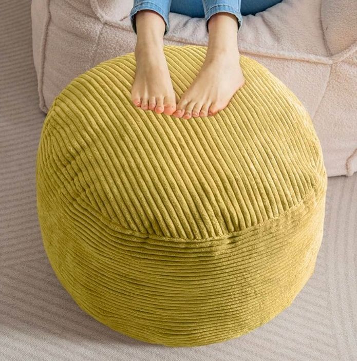 Round Stuffed Pouf Ottoman, Corduroy Poufs with Foam Chunk Filling, Furry and Fluffy Pouf Foot Stool Storage Ottoman, 20 X 15 Floor Poufs Foot Rest for Living Room
