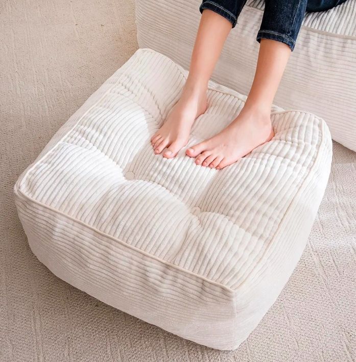 Square Stuffed Pouf Ottoman, Corduroy Poufs with Foam Chunk Filling, Furry and Fluffy Pouf Foot Stool Storage Ottoman, 25.6 X 25.6 Floor Poufs Foot Rest for Living Room