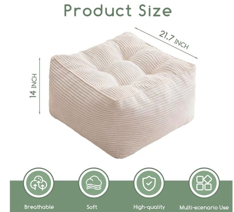 Square Stuffed Pouf Ottoman, Corduroy Poufs with Foam Chunk Filling, Furry and Fluffy Pouf Foot Stool Storage Ottoman, 25.6 X 25.6 Floor Poufs Foot Rest for Living Room