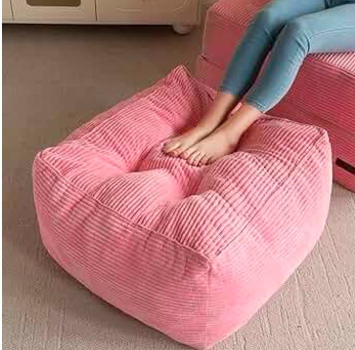 Square Stuffed Pouf Ottoman, Corduroy Poufs with Foam Chunk Filling, Furry and Fluffy Pouf Foot Stool Storage Ottoman, 25.6 X 25.6 Floor Poufs Foot Rest for Living Room