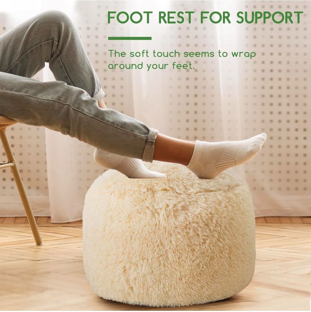 Round Stuffed Pouf Ottoman, Long Faux Fur Poufs with Foam Chunk Filling, Fluffy and Furry Pouf Foot Stool Storage Ottoman, 20 X 15 Floor Poufs Foot Rest for Living Room