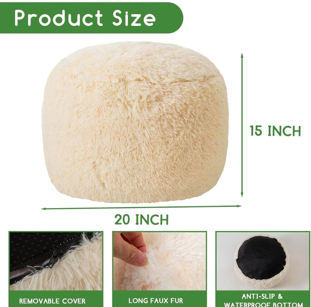 Round Stuffed Pouf Ottoman, Long Faux Fur Poufs with Foam Chunk Filling, Fluffy and Furry Pouf Foot Stool Storage Ottoman, 20 X 15 Floor Poufs Foot Rest for Living Room