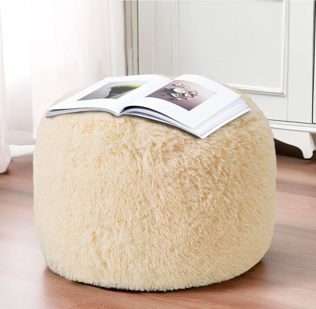 Round Stuffed Pouf Ottoman, Long Faux Fur Poufs with Foam Chunk Filling, Fluffy and Furry Pouf Foot Stool Storage Ottoman, 20 X 15 Floor Poufs Foot Rest for Living Room
