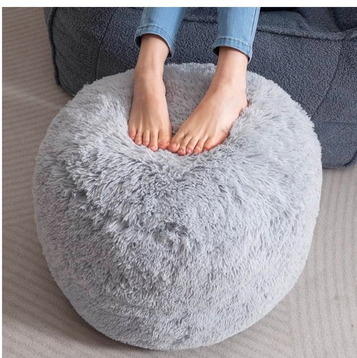 Round Stuffed Pouf Ottoman, Long Faux Fur Poufs with Foam Chunk Filling, Fluffy and Furry Pouf Foot Stool Storage Ottoman, 20 X 15 Floor Poufs Foot Rest for Living Room